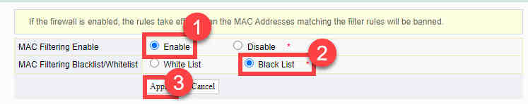 mengaktifkan mac filtering blacklist