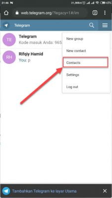 menu kontak atau contacts telegram