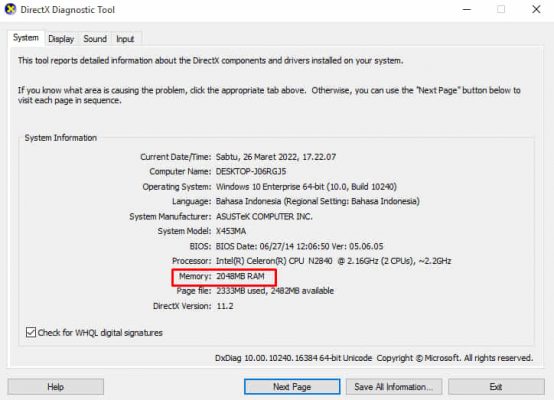 Cara Melihat RAM Laptop Windows dengan dxdiag